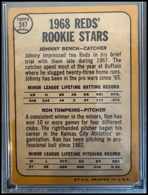 Back of 1968 Rookie Stars Johnny Bench / Ron Tompkins