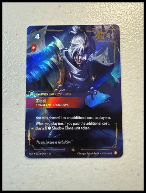 Zed, From the Shadows card, TCGAI Score 8.0